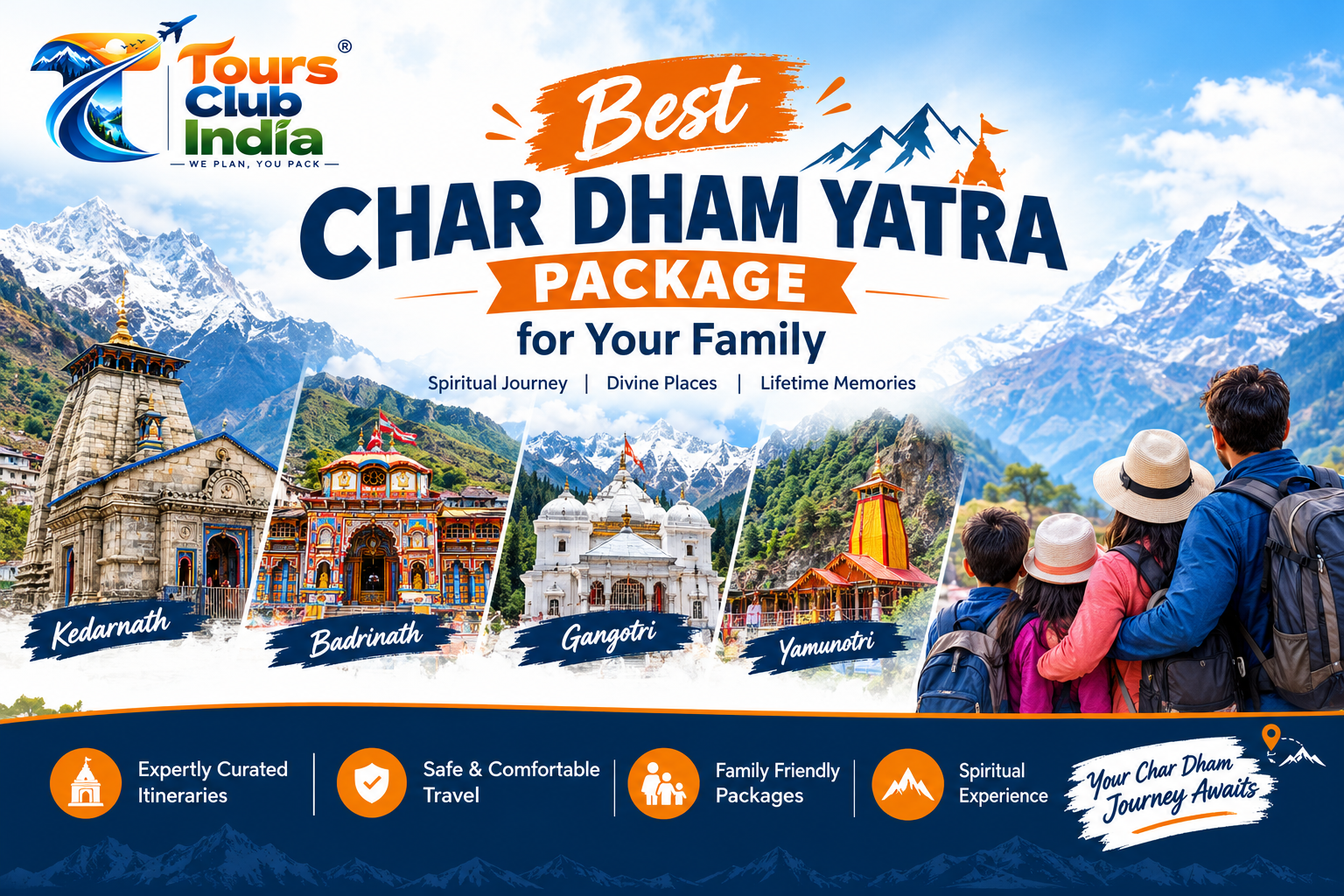 Family at Kedarnath temple during Char Dham Yatra - choose the best Char Dham Yatra package with Tours Club India
 